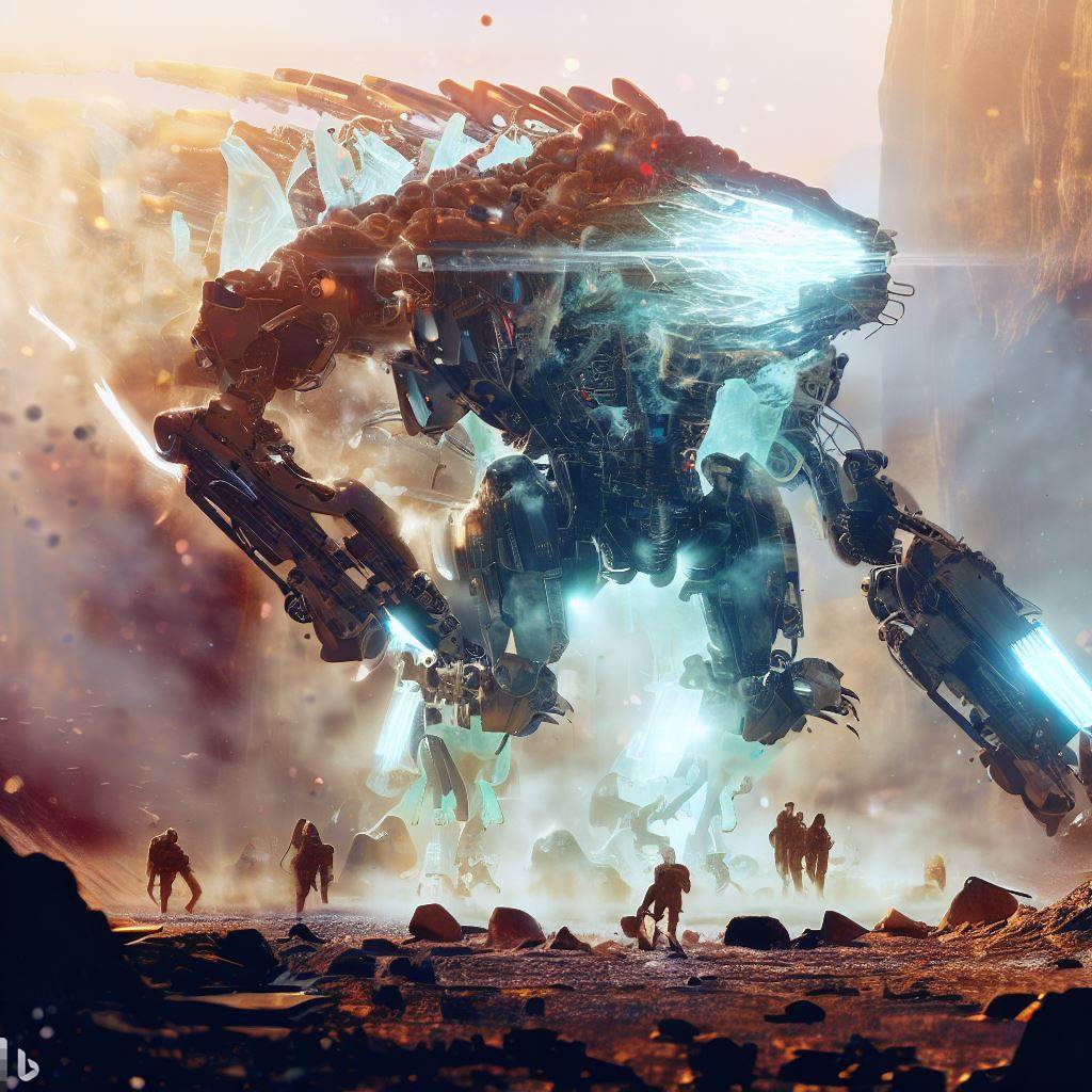 futuristic dinosaur mech with shattered glass body, glowing, sparks, battle soldiers in canyon, lens flare, detailed smoke, realistic, in the style of h.r. giger 4.jpg